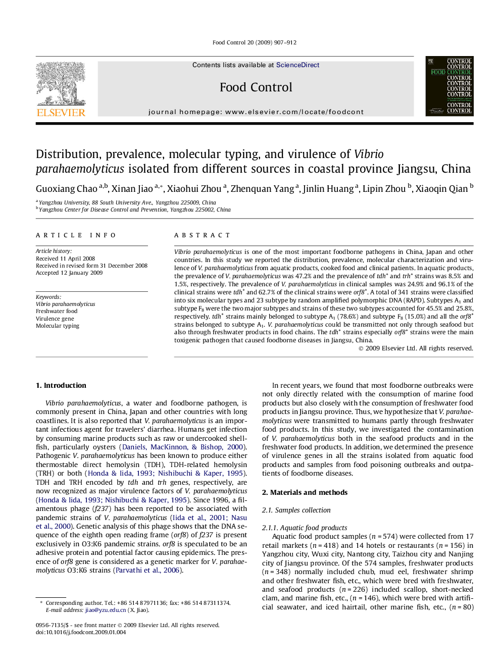 Distribution, prevalence, molecular typing, and virulence of Vibrio parahaemolyticus isolated from different sources in coastal province Jiangsu, China