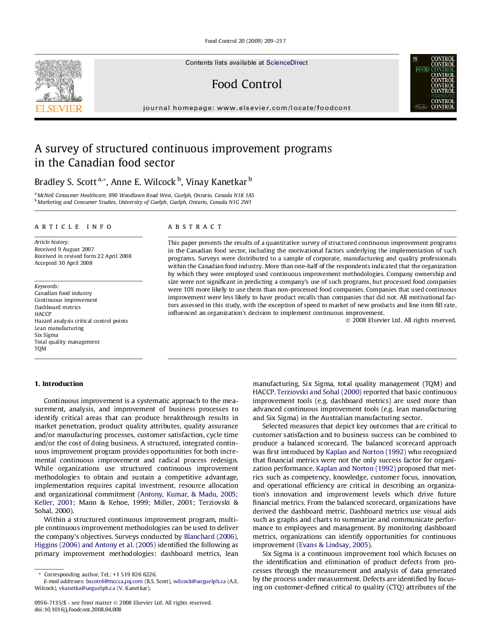 A survey of structured continuous improvement programs in the Canadian food sector