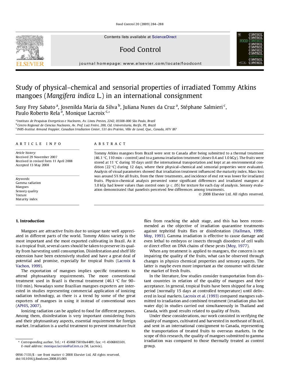 Study of physical–chemical and sensorial properties of irradiated Tommy Atkins mangoes (Mangifera indica L.) in an international consignment