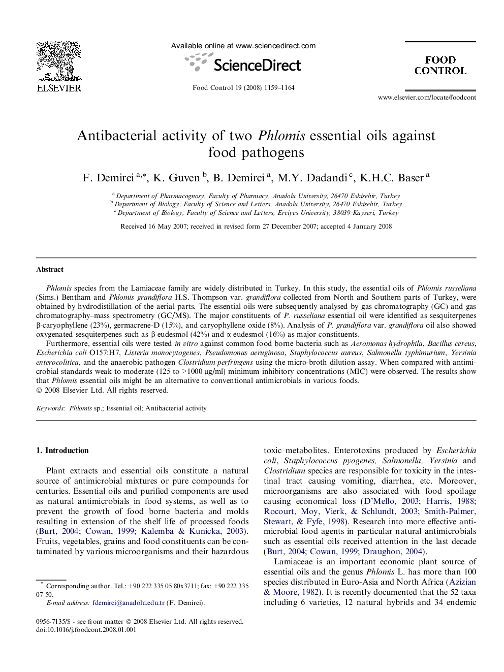 Antibacterial activity of two Phlomis essential oils against food pathogens