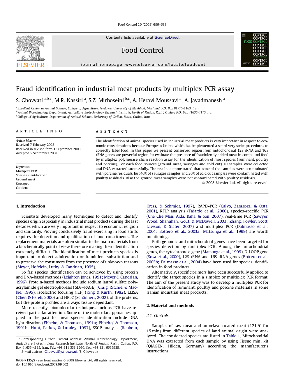 Fraud identification in industrial meat products by multiplex PCR assay