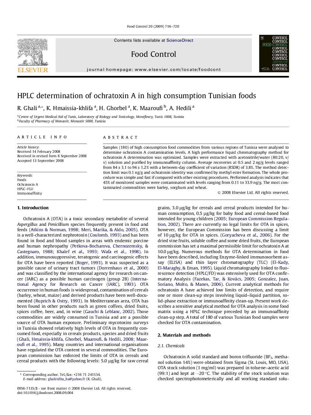 HPLC determination of ochratoxin A in high consumption Tunisian foods