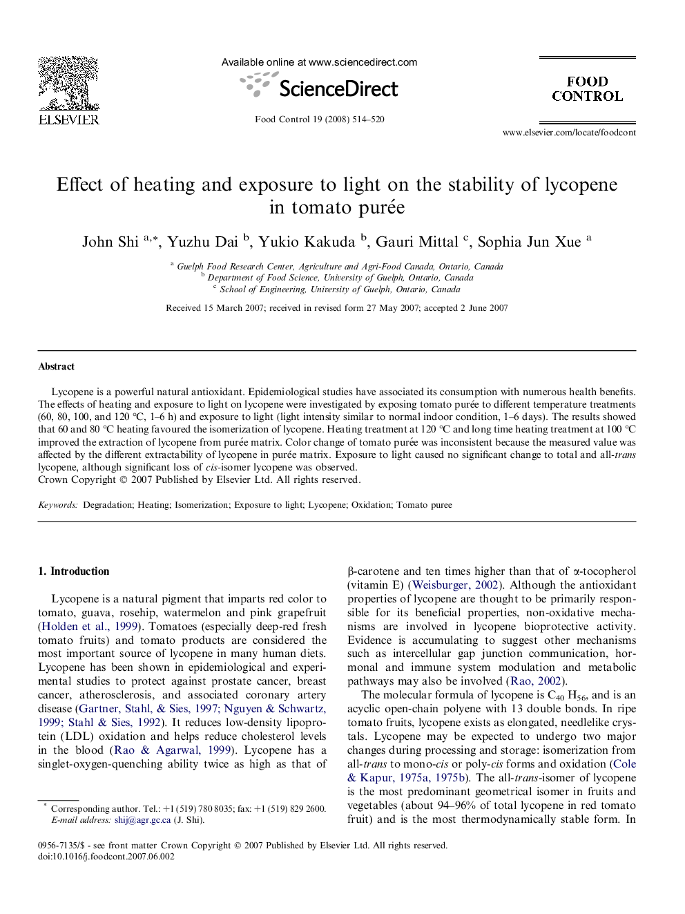 Effect of heating and exposure to light on the stability of lycopene in tomato purée