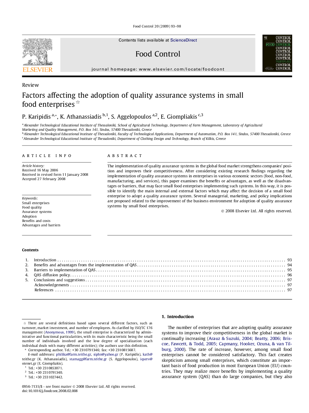 Factors affecting the adoption of quality assurance systems in small food enterprises 