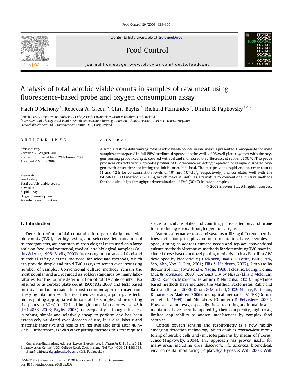 Analysis of total aerobic viable counts in samples of raw meat using fluorescence-based probe and oxygen consumption assay