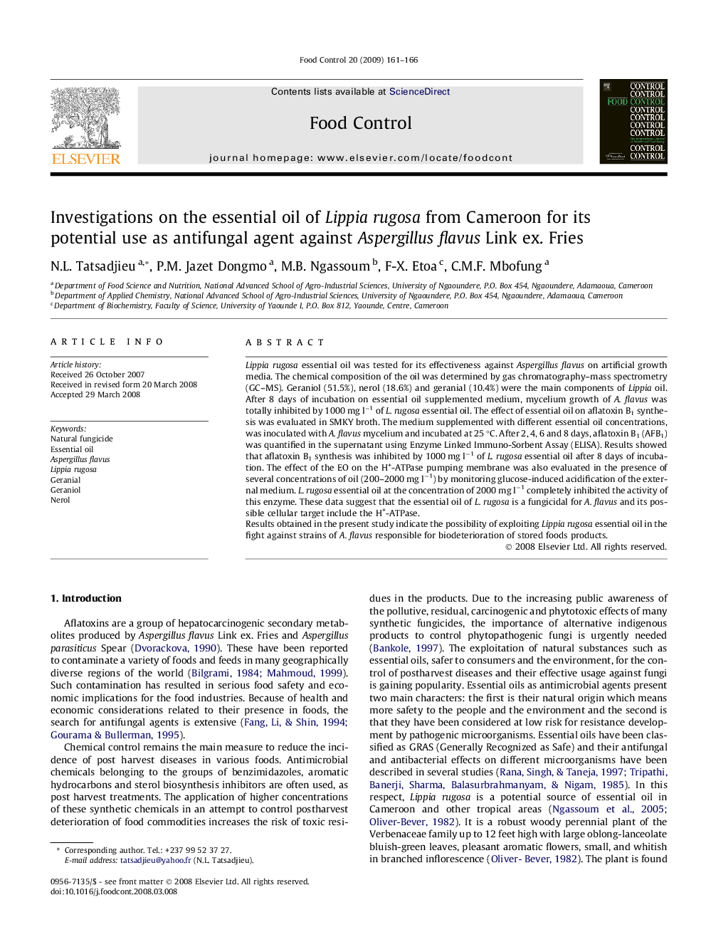 Investigations on the essential oil of Lippia rugosa from Cameroon for its potential use as antifungal agent against Aspergillus flavus Link ex. Fries