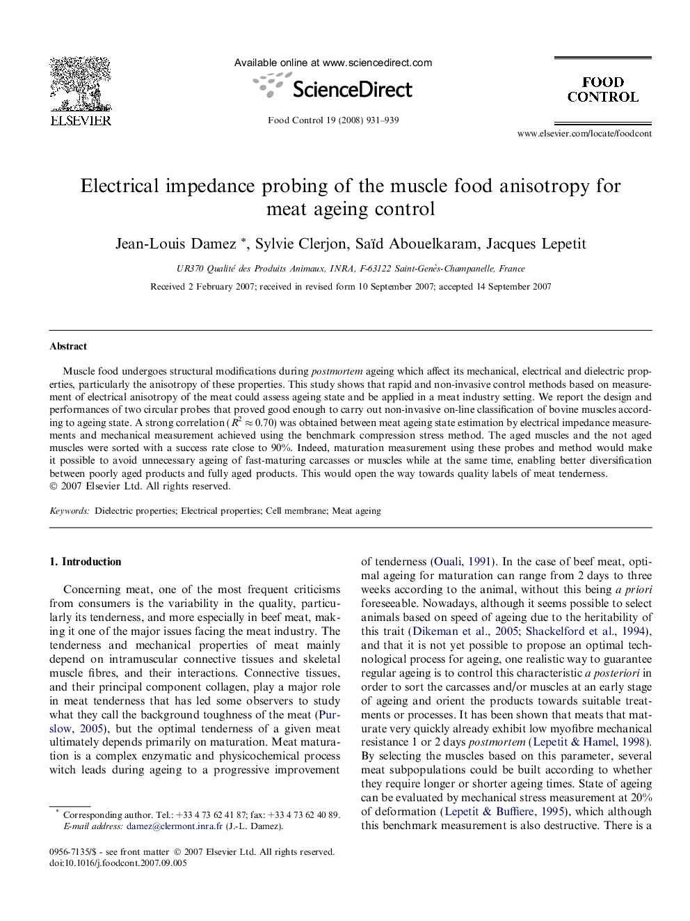 Electrical impedance probing of the muscle food anisotropy for meat ageing control