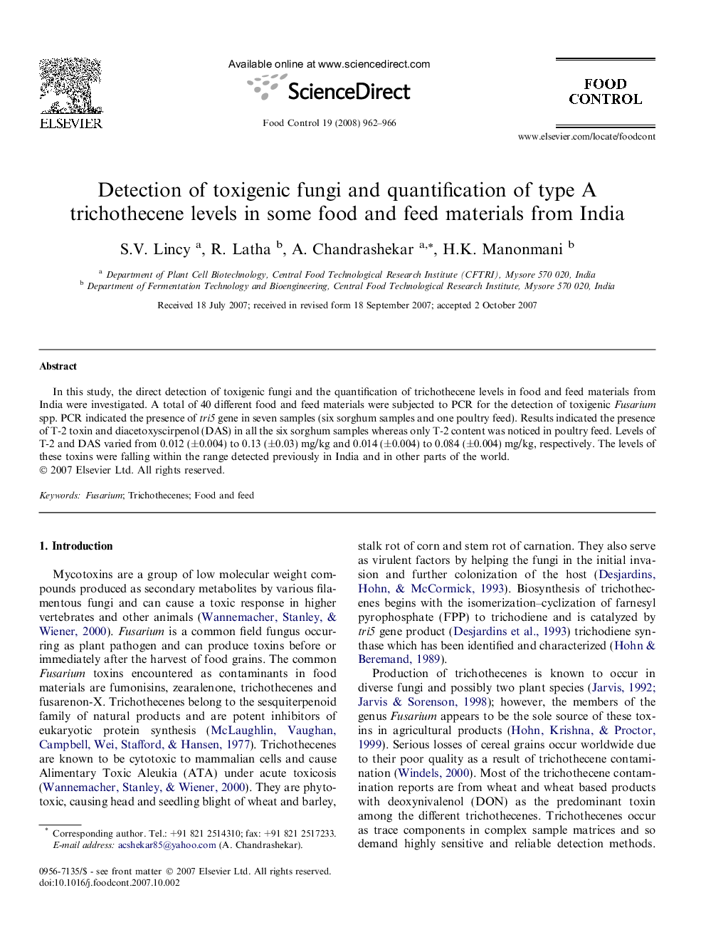 عکس صفحه اول مقاله: Detection of toxigenic fungi and quantification of type A trichothecene levels in some food and feed materials from India Detection of toxigenic fungi and quantification of type A trichothecene levels in some food and feed materials from India
