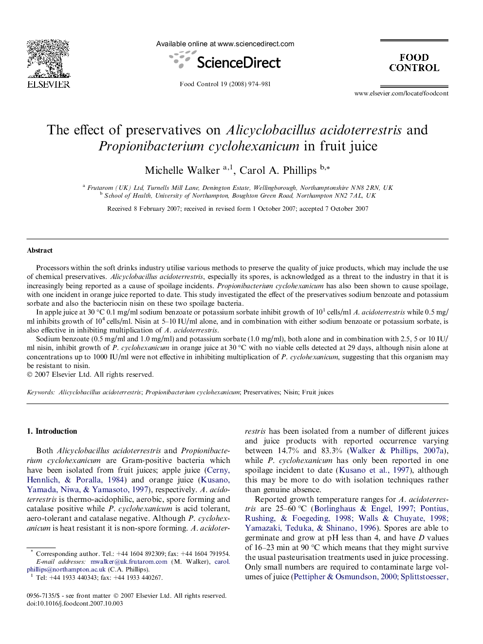 The effect of preservatives on Alicyclobacillusacidoterrestris and Propionibacteriumcyclohexanicum in fruit juice
