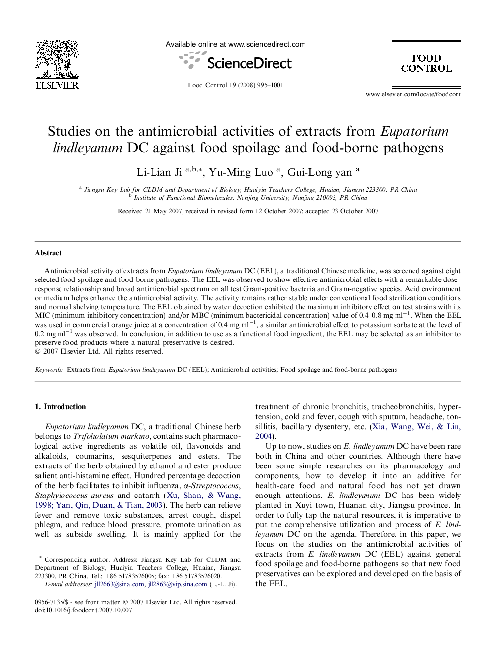 Studies on the antimicrobial activities of extracts from Eupatorium lindleyanum DC against food spoilage and food-borne pathogens