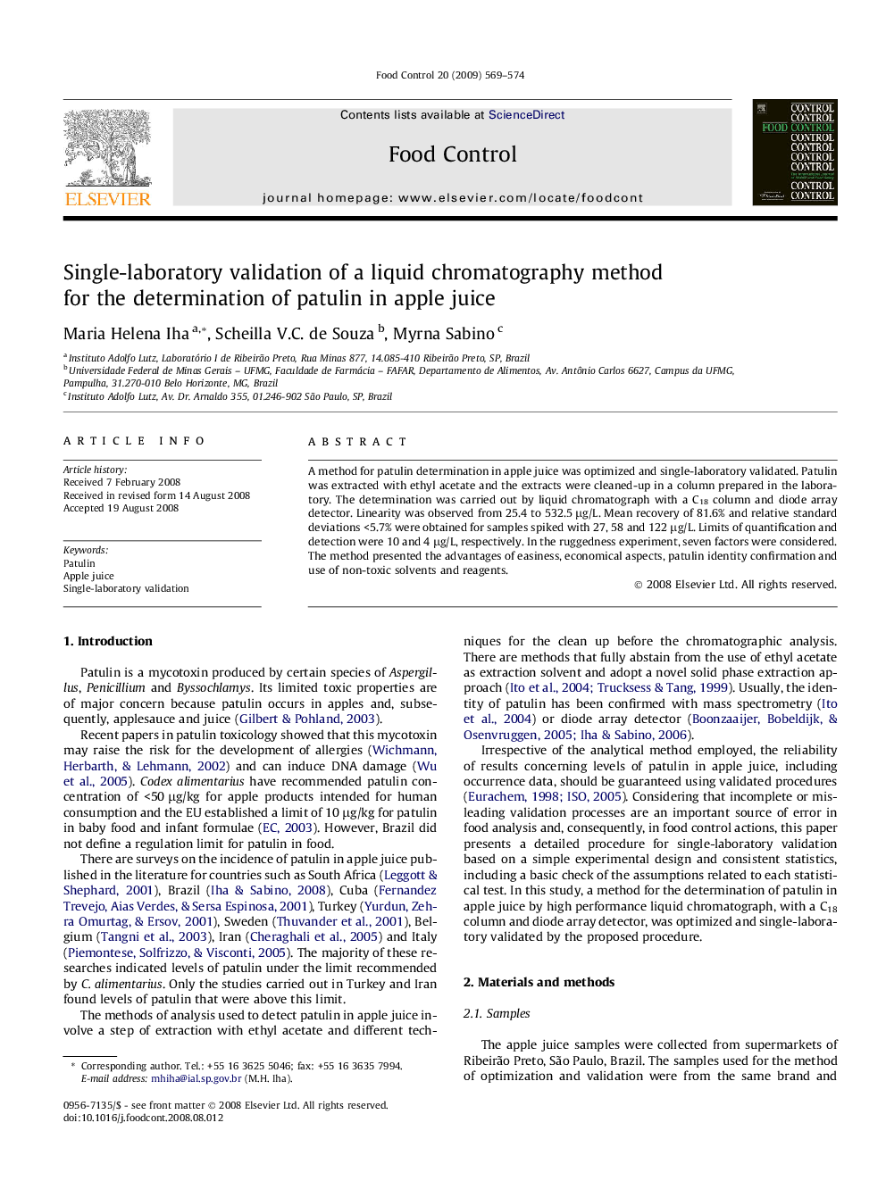 Single-laboratory validation of a liquid chromatography method for the determination of patulin in apple juice