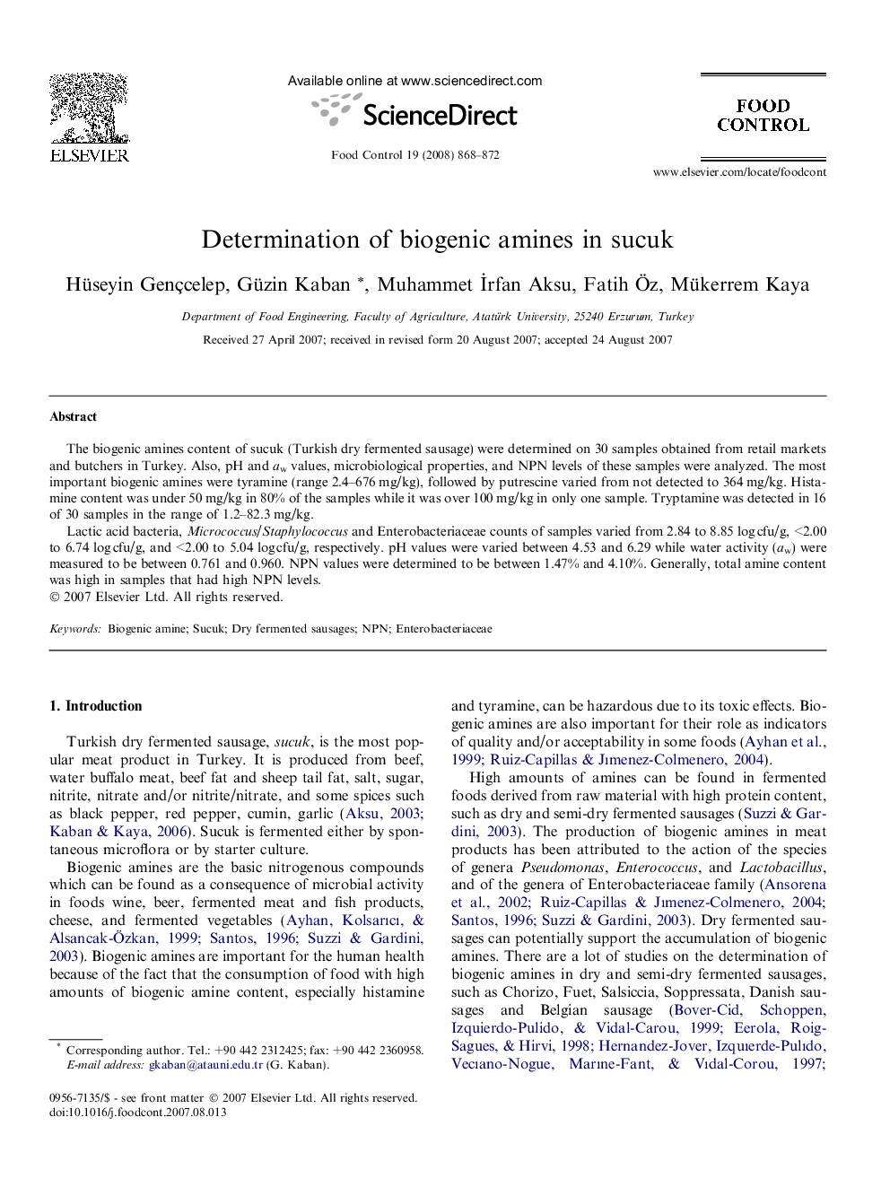 Determination of biogenic amines in sucuk