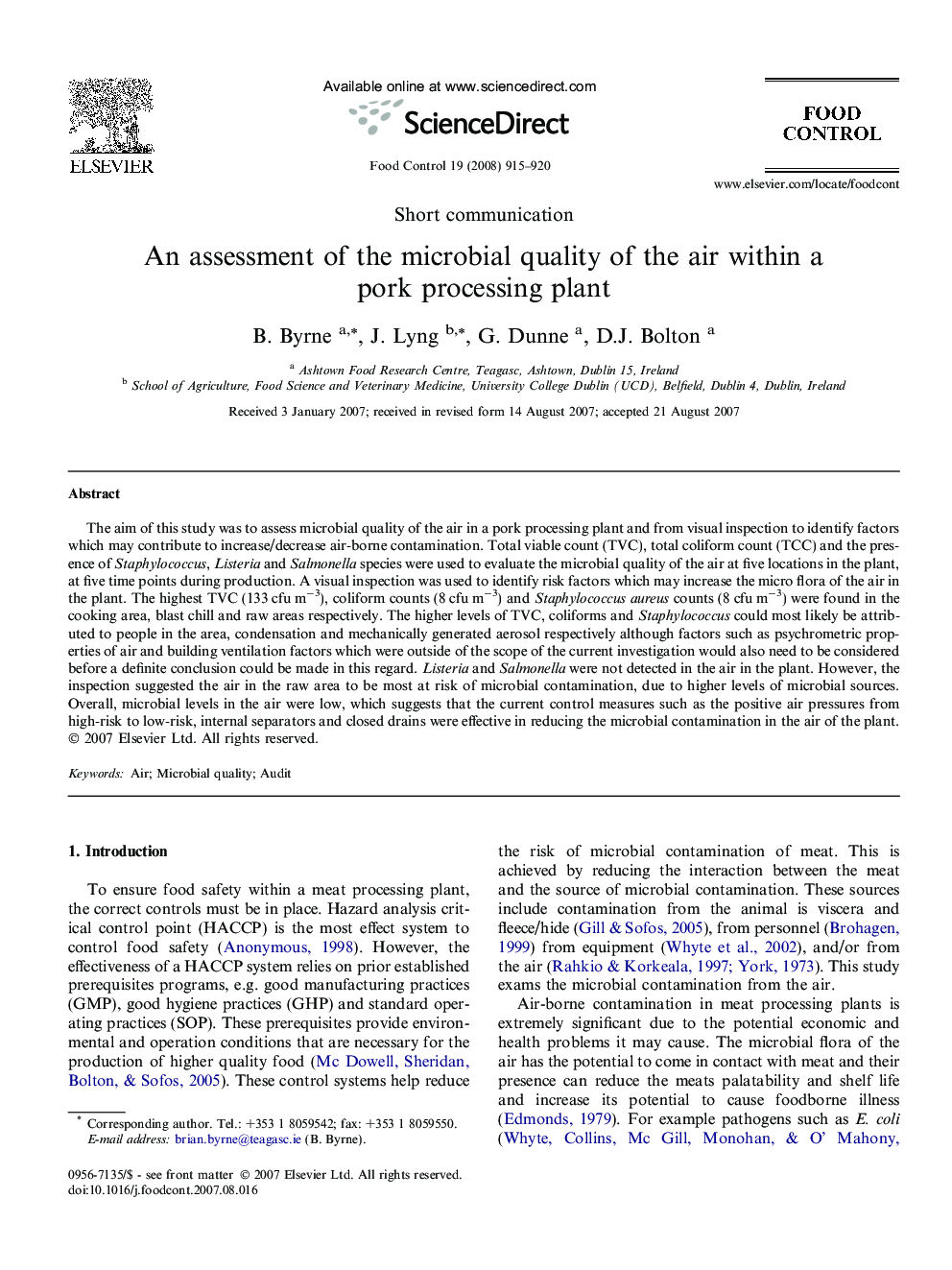 An assessment of the microbial quality of the air within a pork processing plant