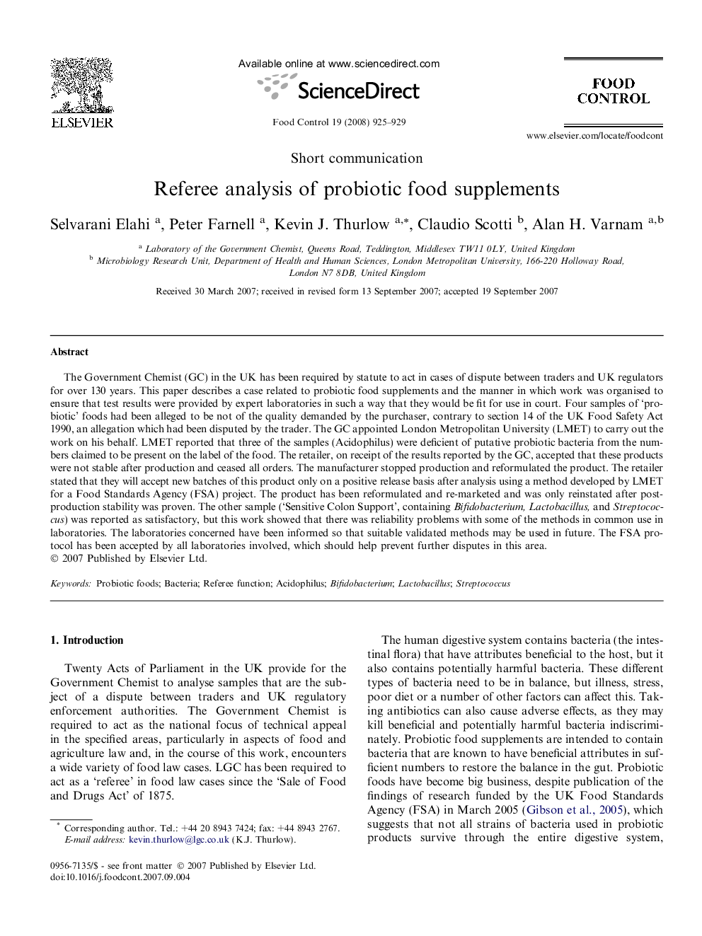 Referee analysis of probiotic food supplements