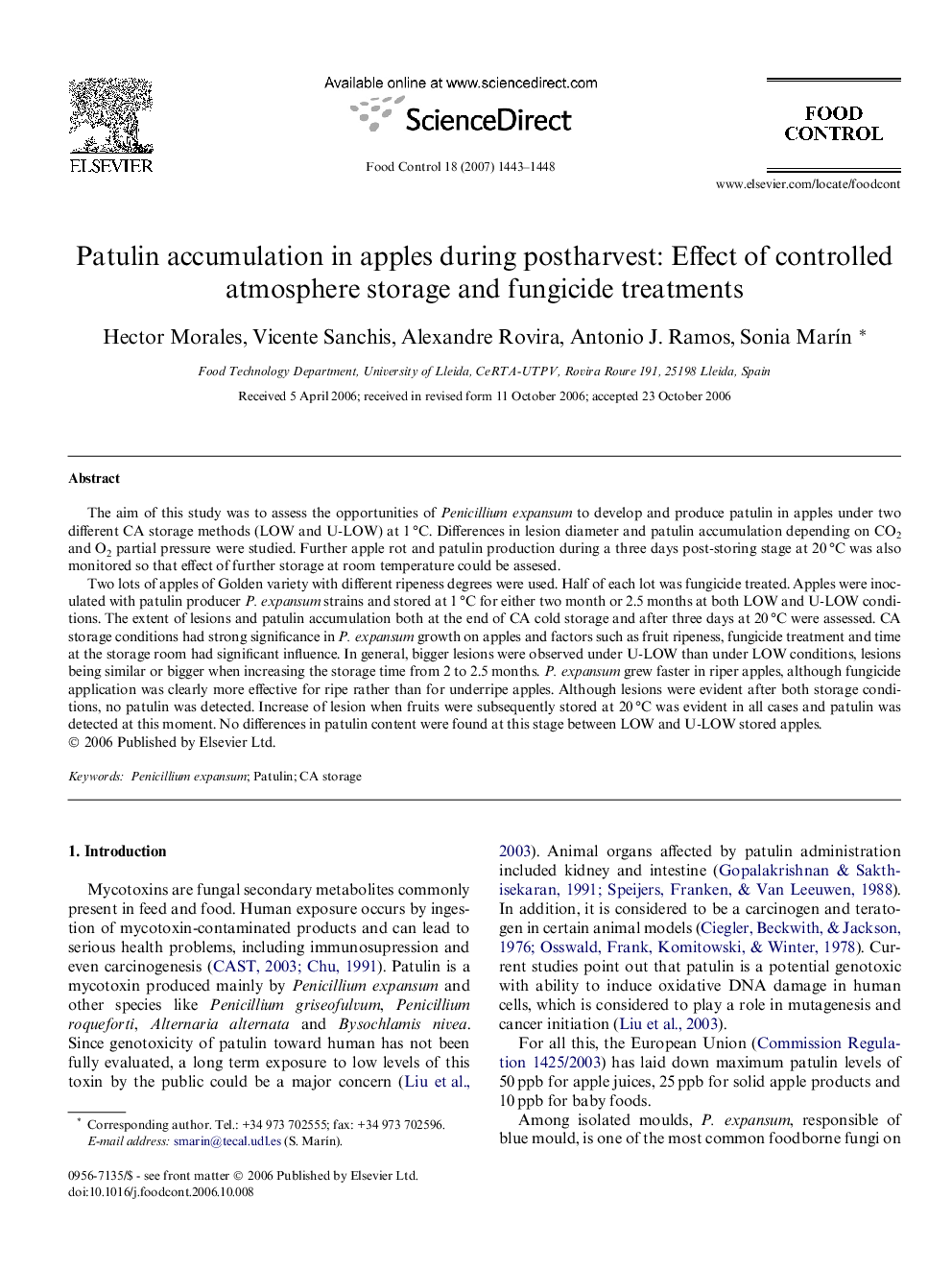 Patulin accumulation in apples during postharvest: Effect of controlled atmosphere storage and fungicide treatments