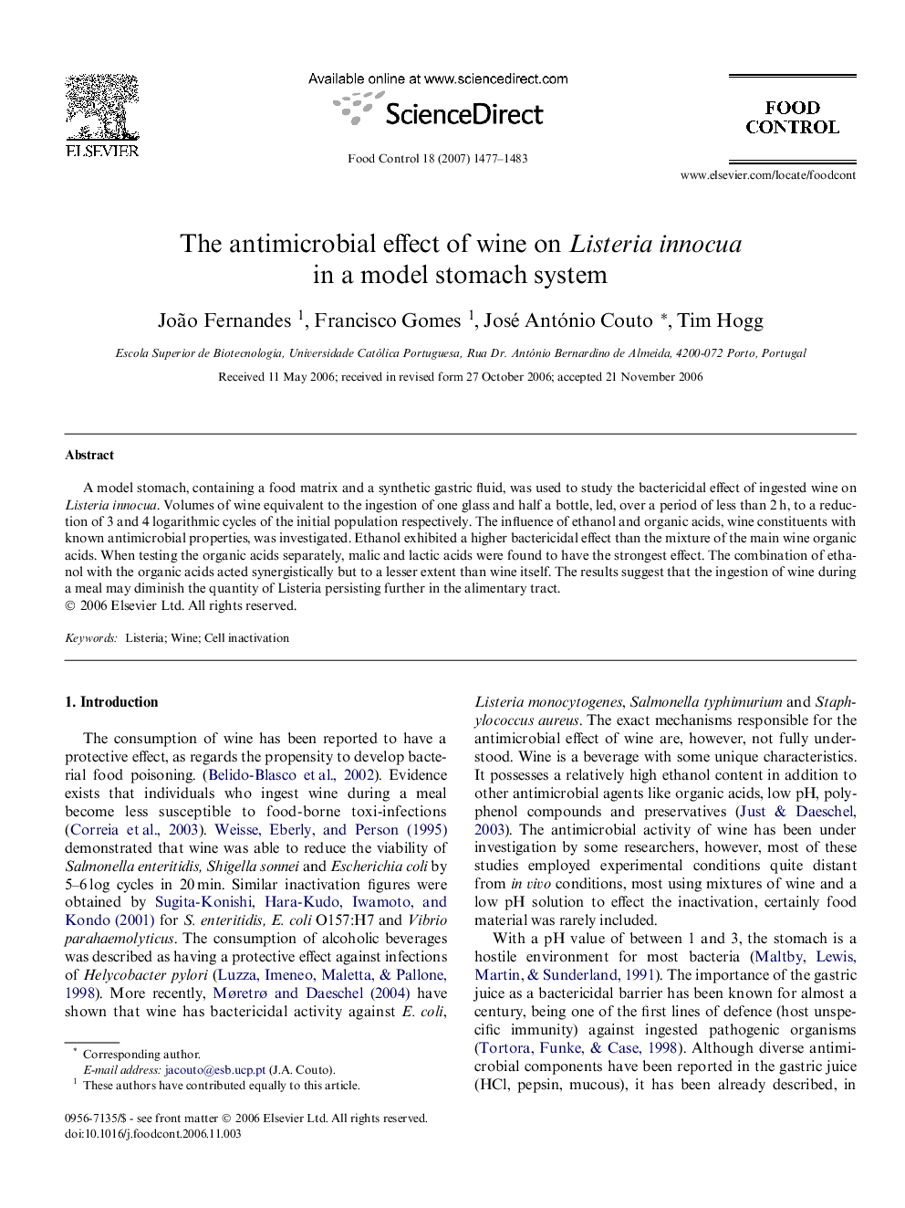 The antimicrobial effect of wine on Listeria innocua in a model stomach system