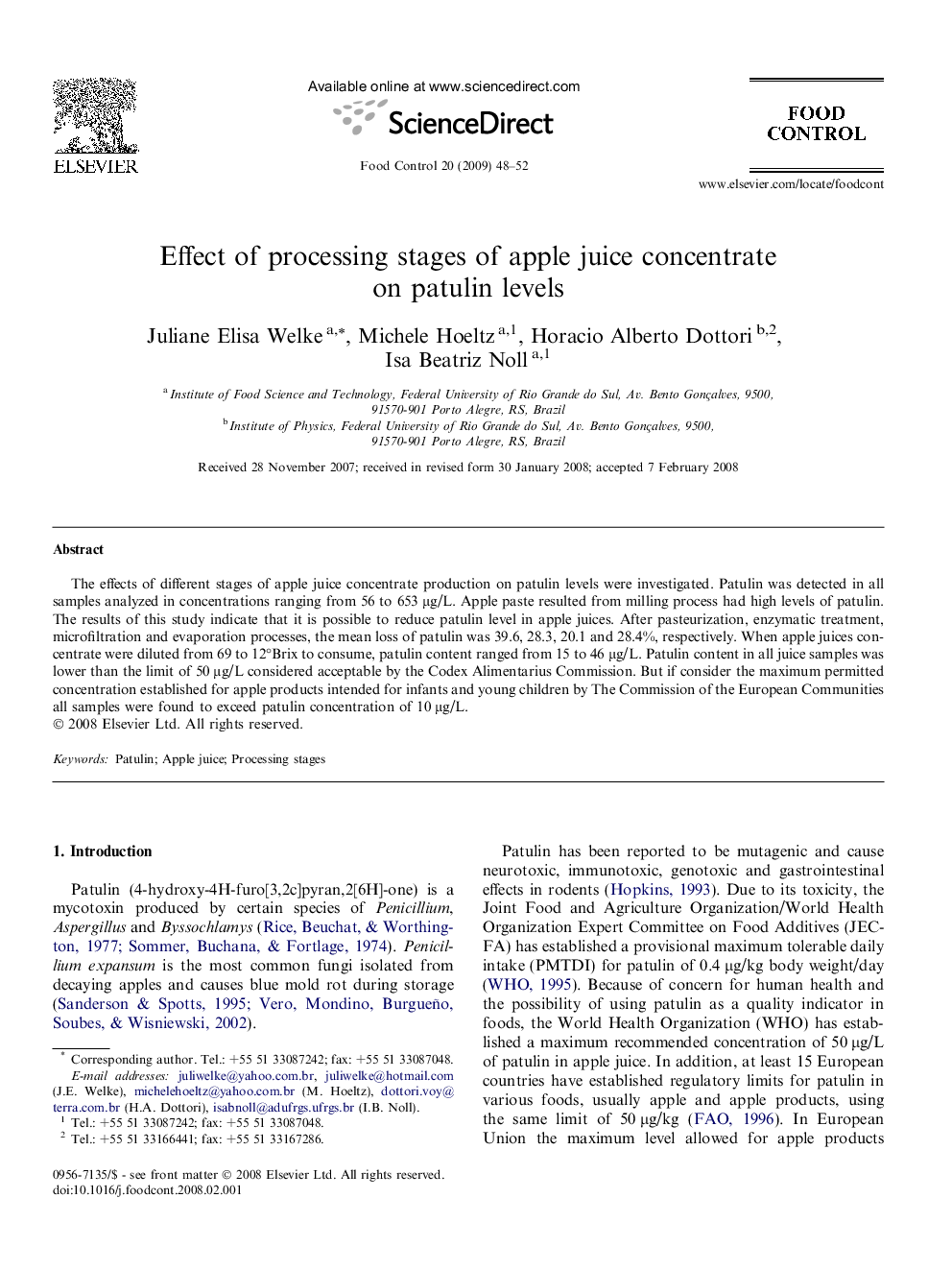 Effect of processing stages of apple juice concentrate on patulin levels