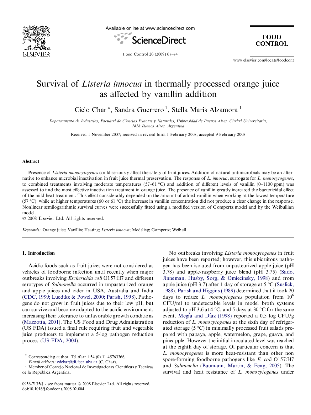 Survival of Listeria innocua in thermally processed orange juice as affected by vanillin addition