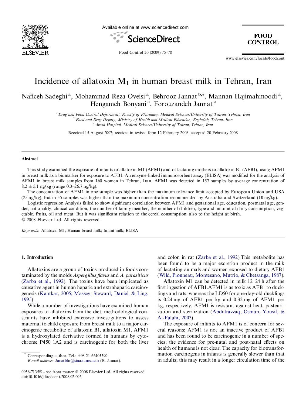 Incidence of aflatoxin M1 in human breast milk in Tehran, Iran