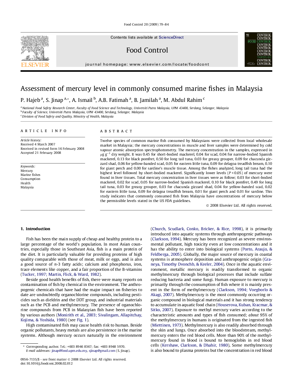 Assessment of mercury level in commonly consumed marine fishes in Malaysia