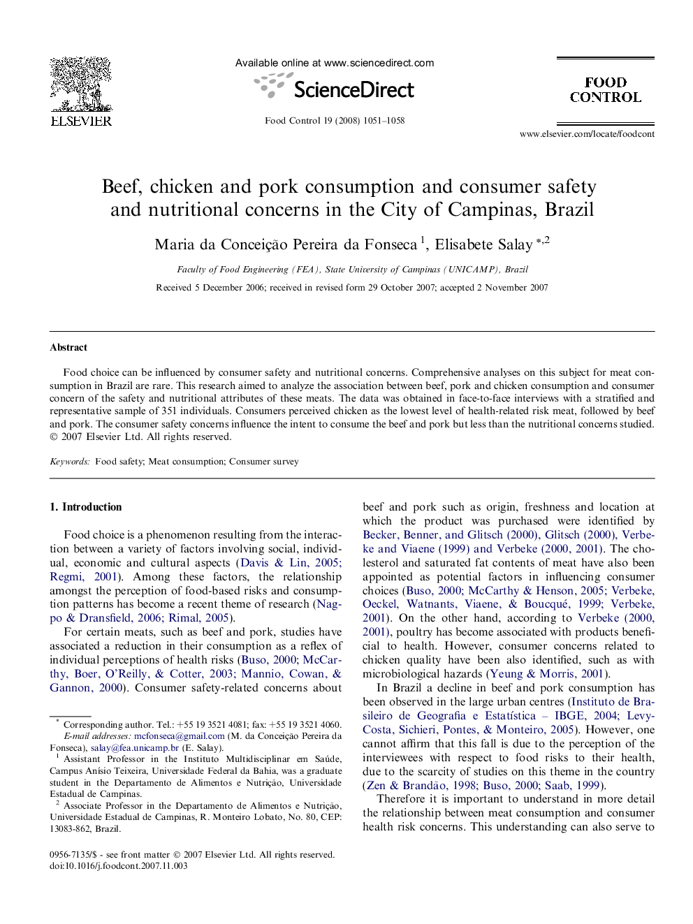 Beef, chicken and pork consumption and consumer safety and nutritional concerns in the City of Campinas, Brazil