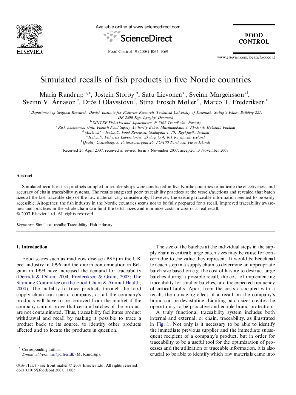 Simulated recalls of fish products in five Nordic countries