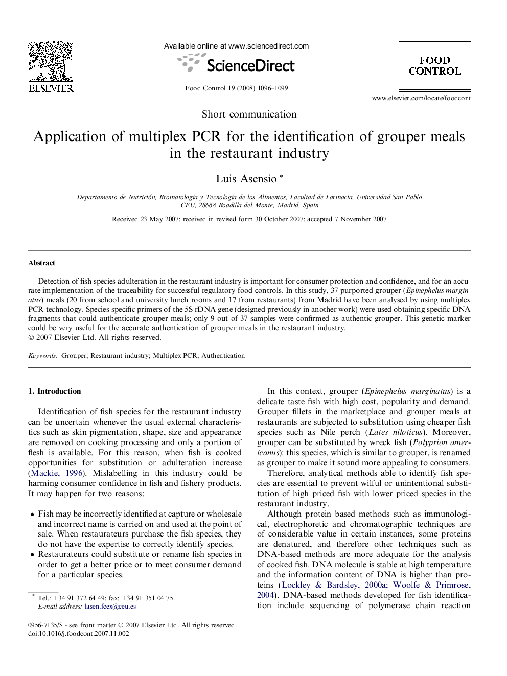 Application of multiplex PCR for the identification of grouper meals in the restaurant industry