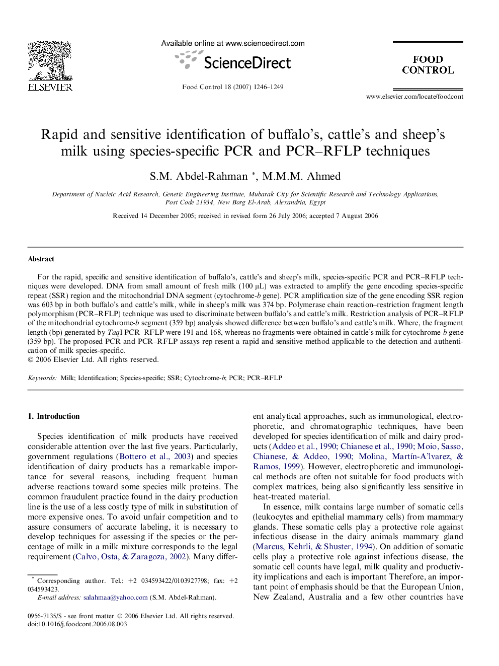 Rapid and sensitive identification of buffalo's, cattle's and sheep's milk using species-specific PCR and PCR-RFLP techniques