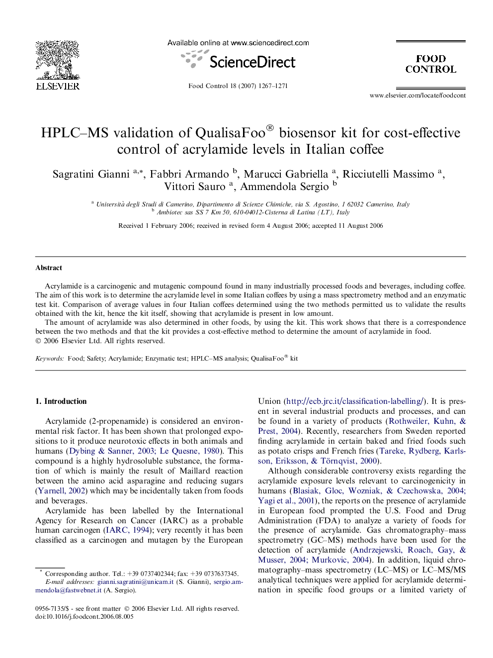 HPLC–MS validation of QualisaFoo® biosensor kit for cost-effective control of acrylamide levels in Italian coffee