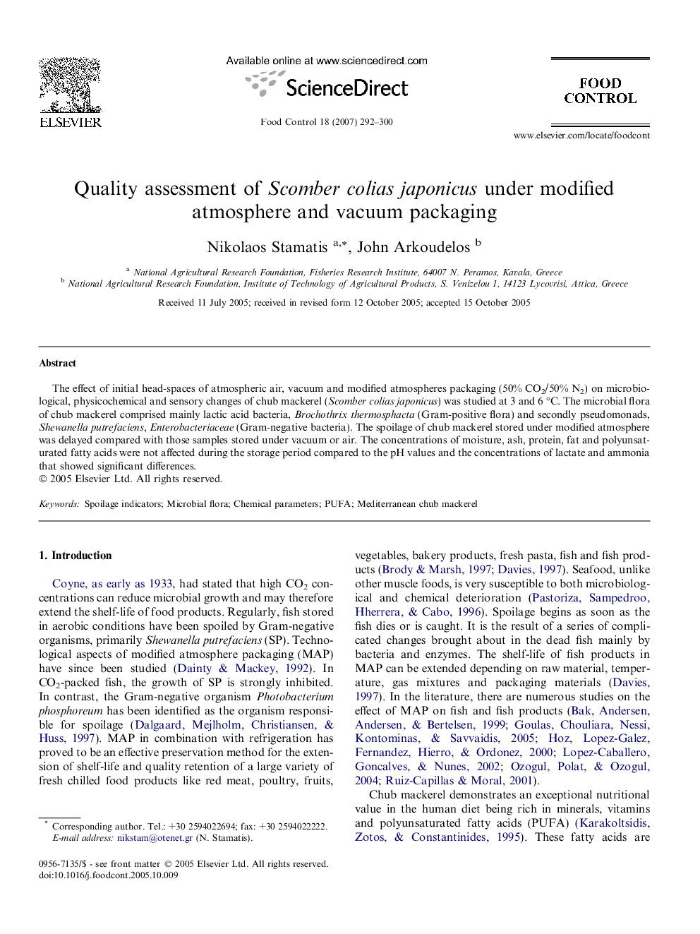 Quality assessment of Scomber colias japonicus under modified atmosphere and vacuum packaging