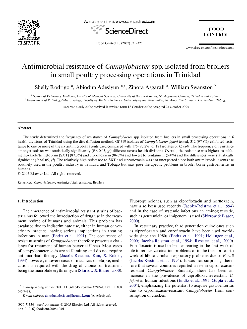 Antimicrobial resistance of Campylobacter spp. isolated from broilers in small poultry processing operations in Trinidad