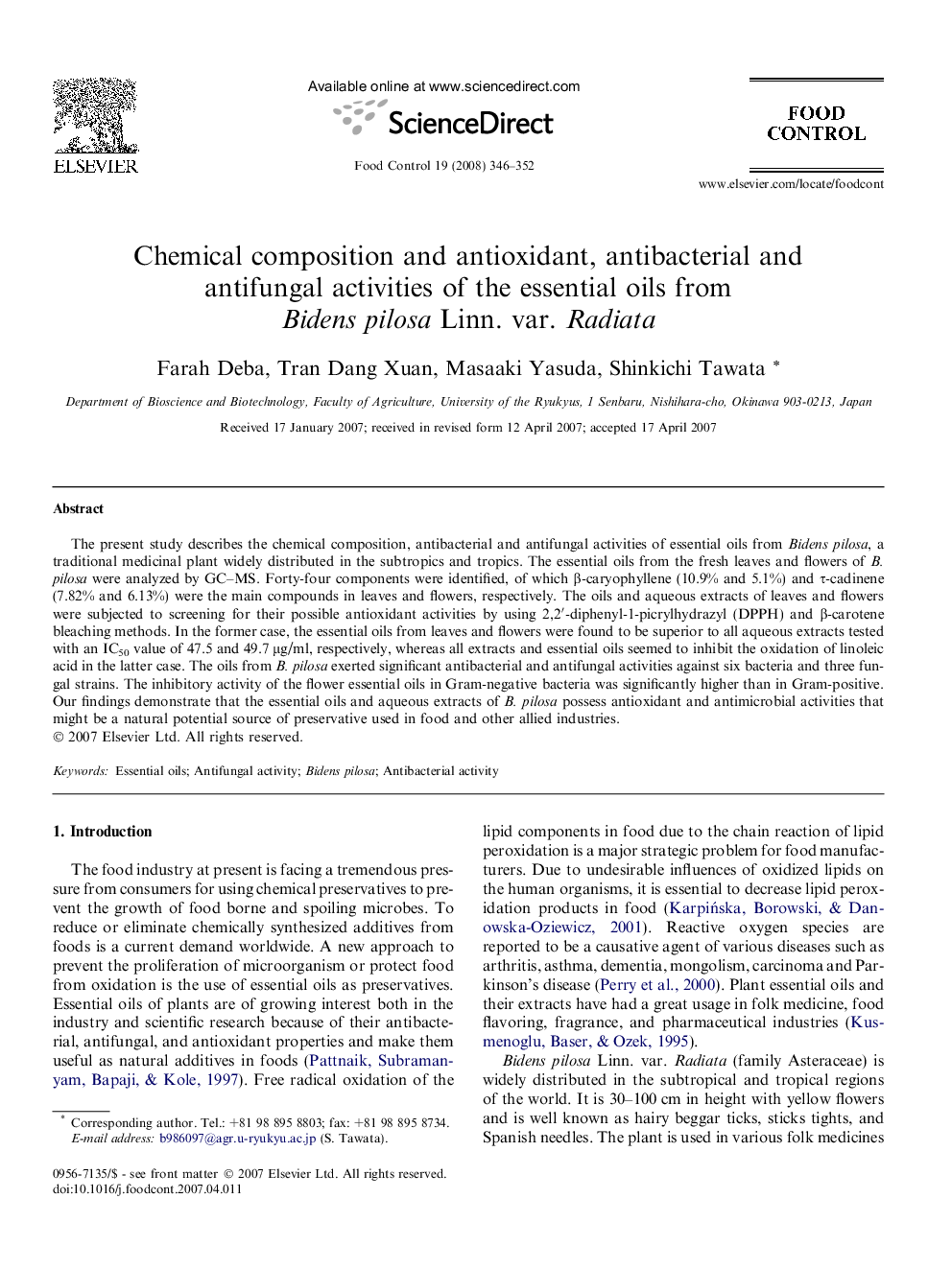 Chemical composition and antioxidant, antibacterial and antifungal activities of the essential oils from Bidens pilosa Linn. var. Radiata