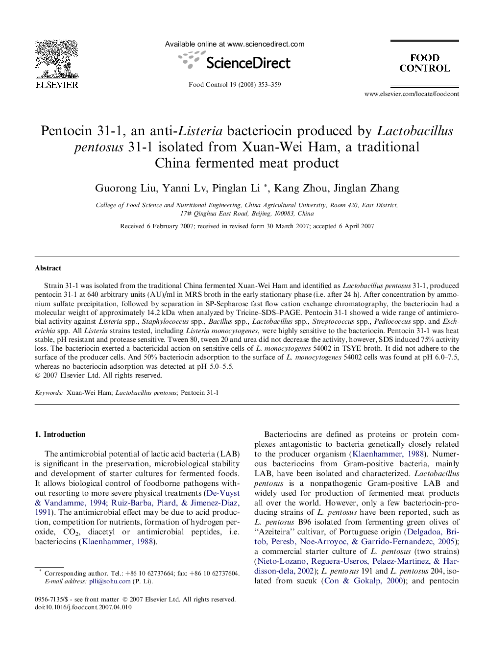 Pentocin 31-1, an anti-Listeria bacteriocin produced by Lactobacillus pentosus 31-1 isolated from Xuan-Wei Ham, a traditional China fermented meat product