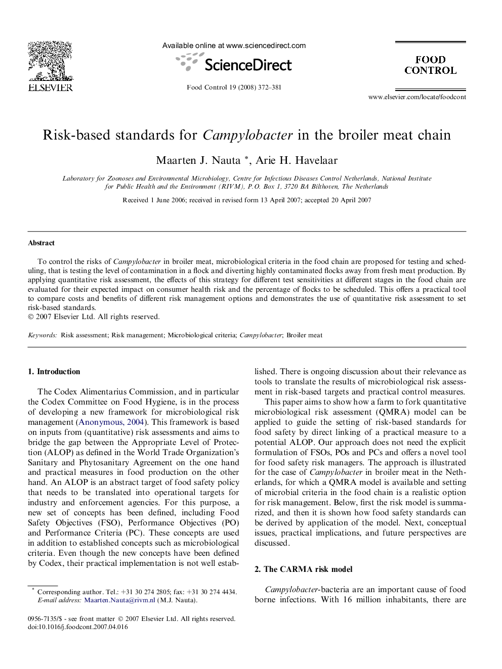 Risk-based standards for Campylobacter in the broiler meat chain