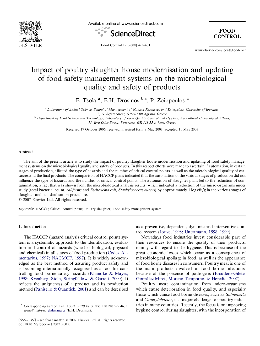 Impact of poultry slaughter house modernisation and updating of food safety management systems on the microbiological quality and safety of products