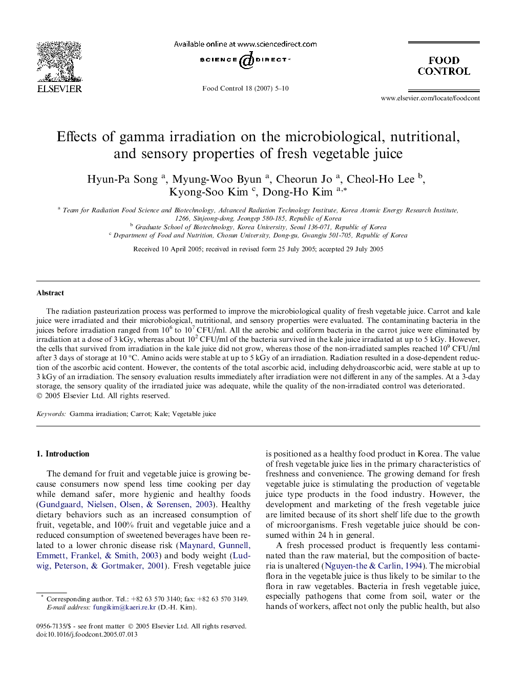 Effects of gamma irradiation on the microbiological, nutritional, and sensory properties of fresh vegetable juice