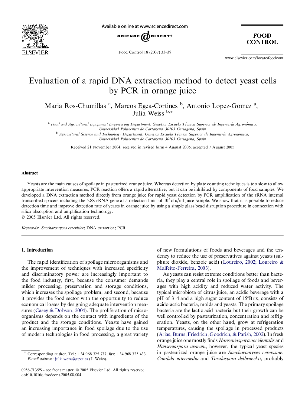 Evaluation of a rapid DNA extraction method to detect yeast cells by PCR in orange juice