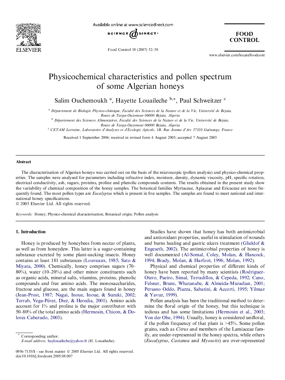 Physicochemical characteristics and pollen spectrum of some Algerian honeys