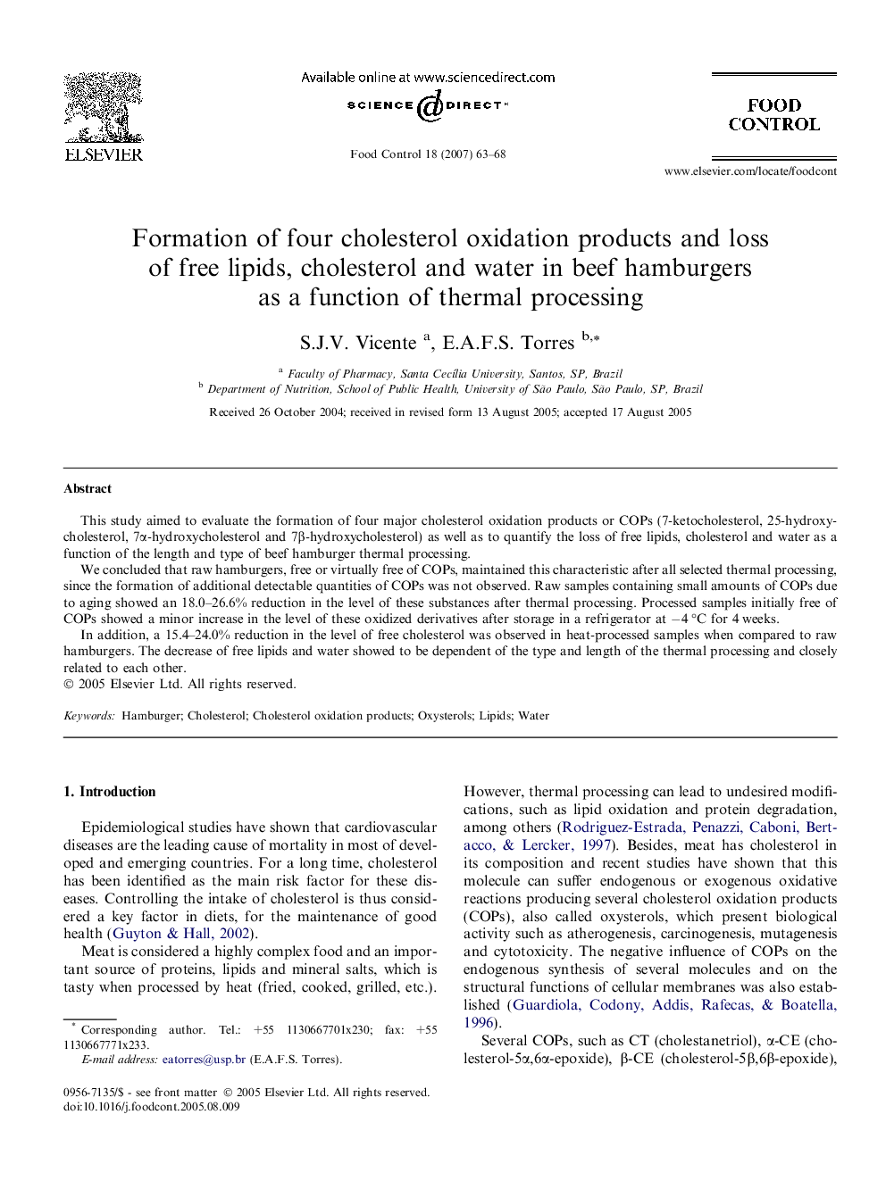 Formation of four cholesterol oxidation products and loss of free lipids, cholesterol and water in beef hamburgers as a function of thermal processing