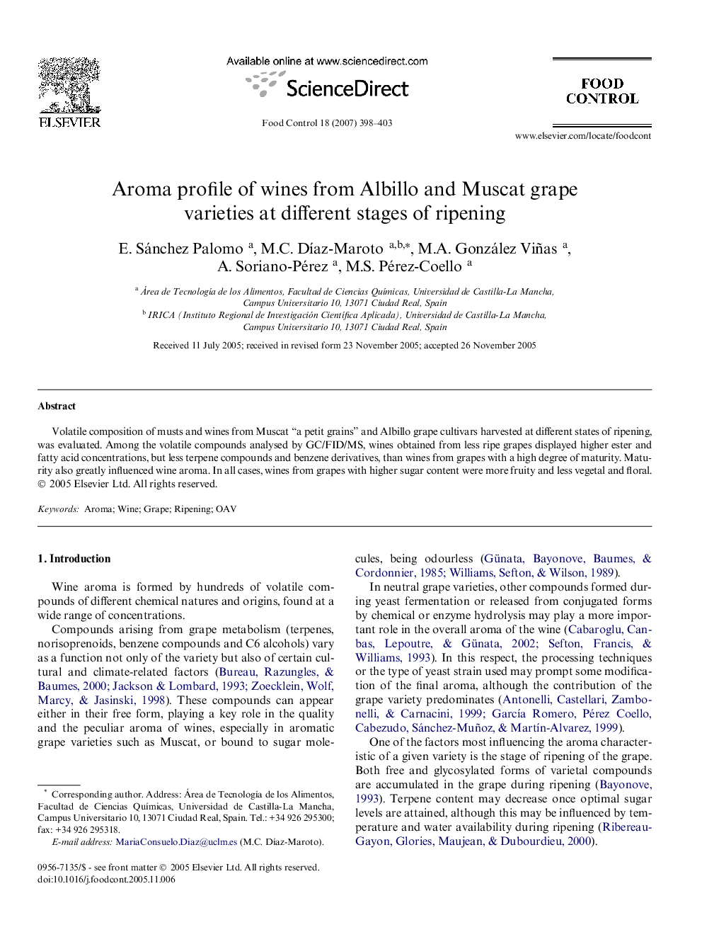 Aroma profile of wines from Albillo and Muscat grape varieties at different stages of ripening