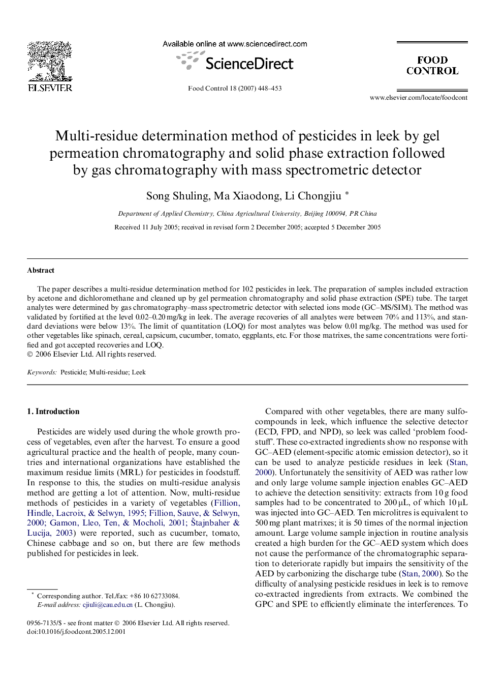 عکس صفحه اول مقاله: Multi-residue determination method of pesticides in leek by gel permeation chromatography and solid phase extraction followed by gas chromatography with mass spectrometric detector Multi-residue determination method of pesticides in leek by gel permeation chromatography and solid phase extraction followed by gas chromatography with mass spectrometric detector