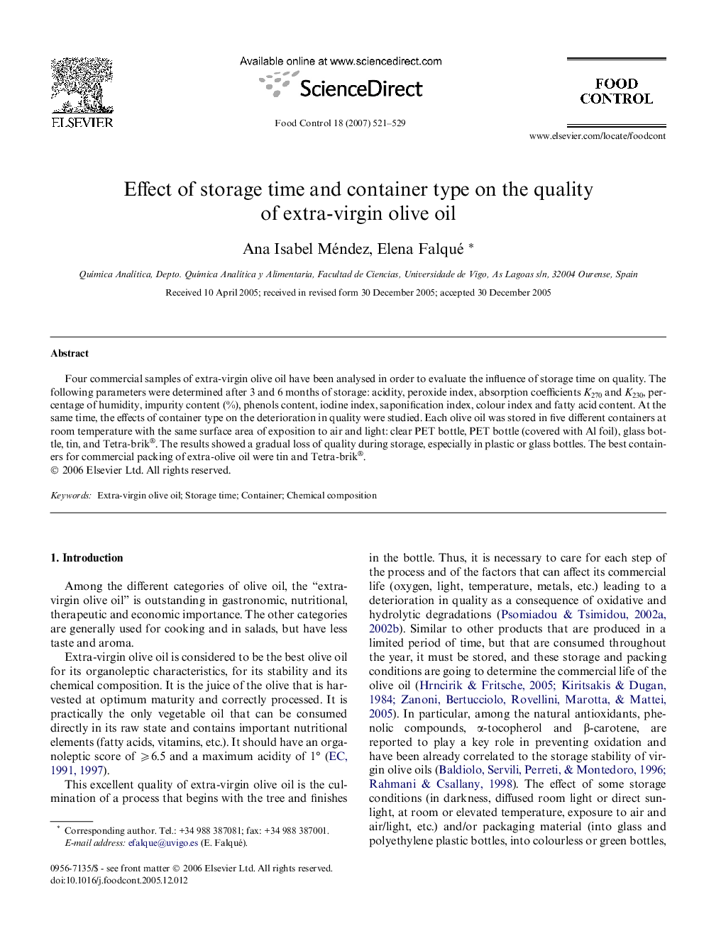 Effect of storage time and container type on the quality of extra-virgin olive oil