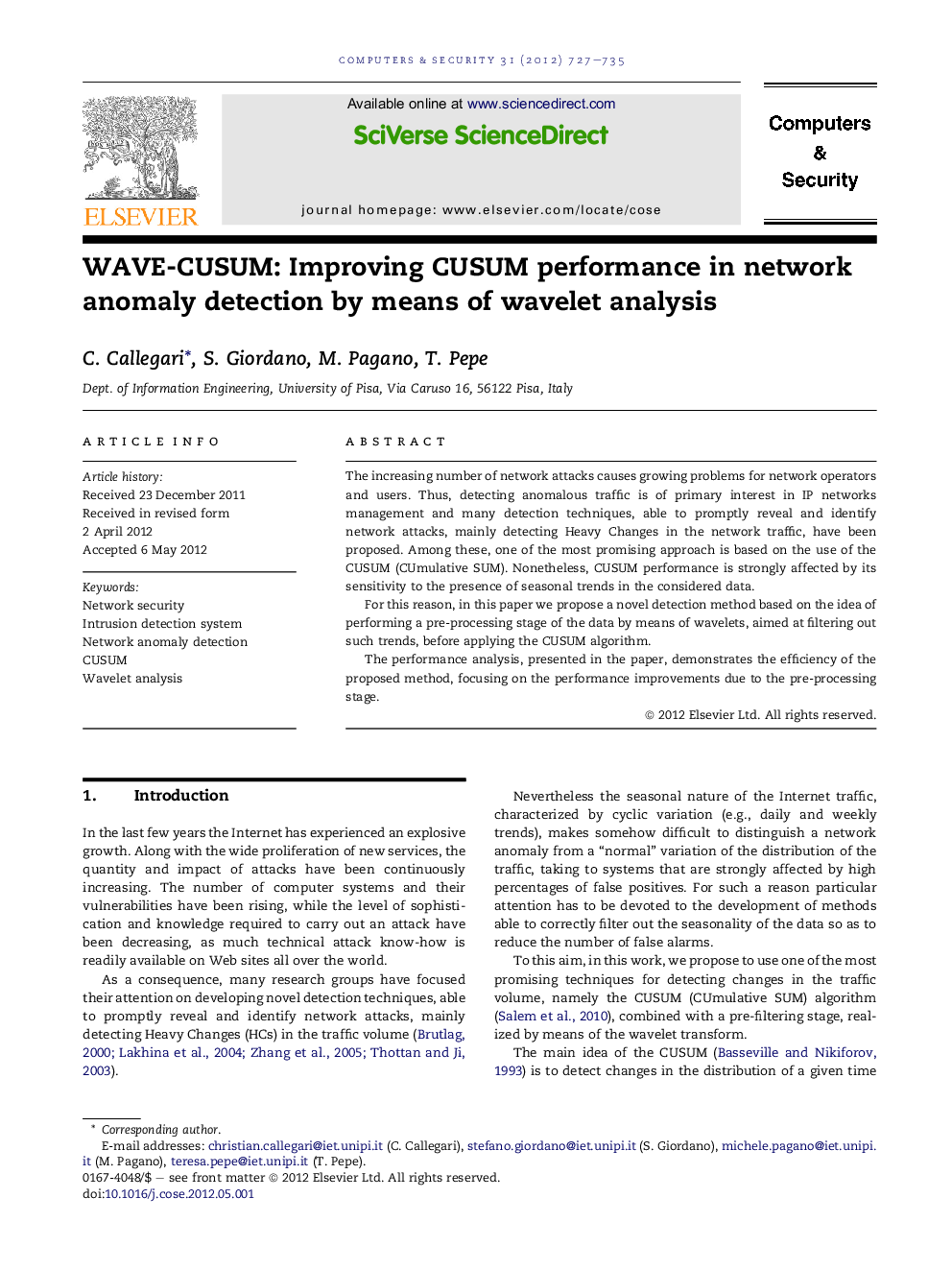 WAVE-CUSUM: Improving CUSUM performance in network anomaly detection by means of wavelet analysis