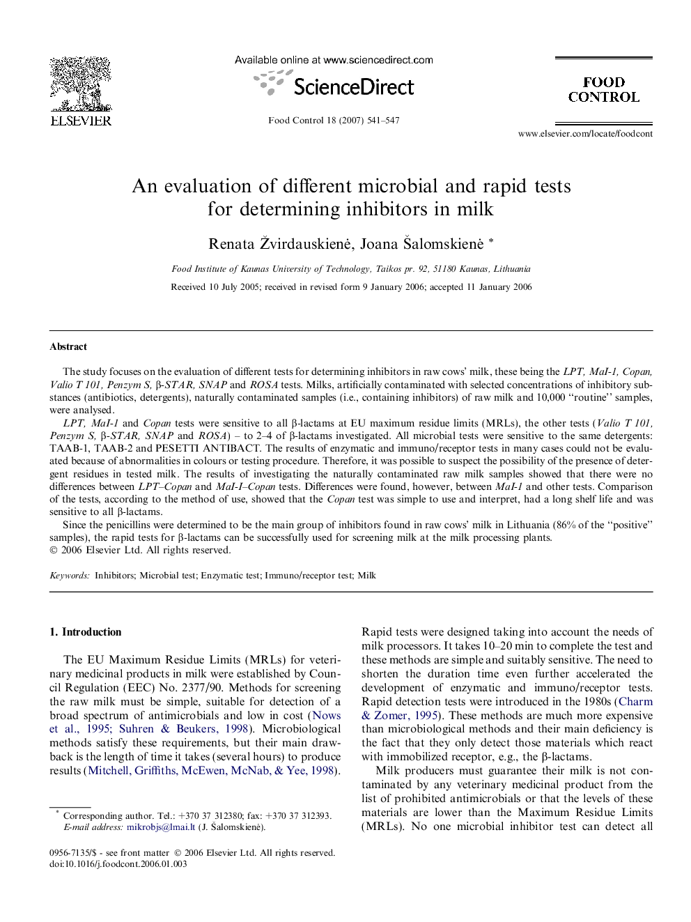 An evaluation of different microbial and rapid tests for determining inhibitors in milk