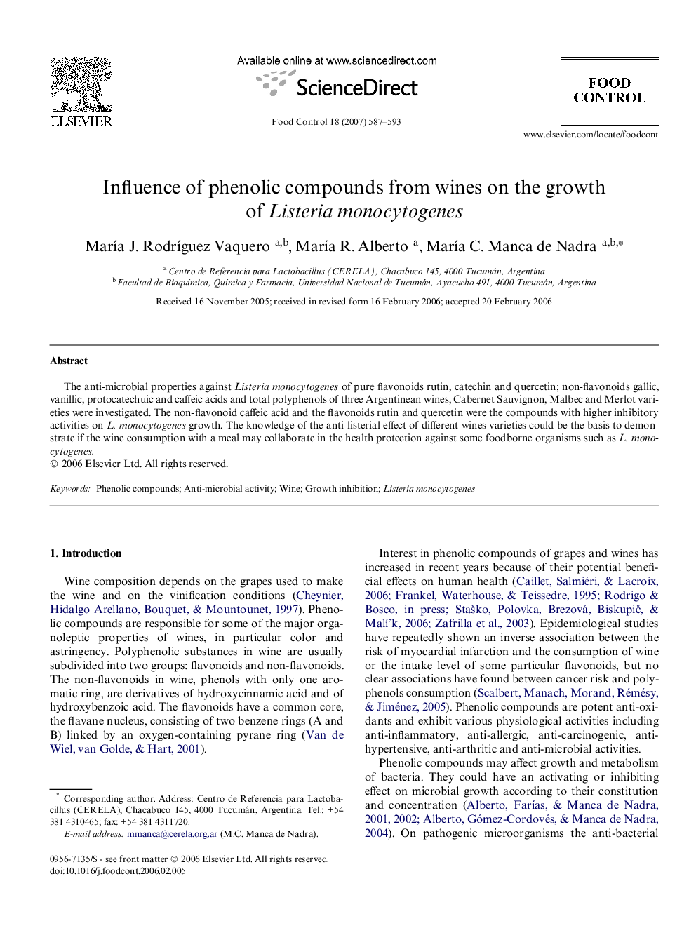 Influence of phenolic compounds from wines on the growth of Listeria monocytogenes