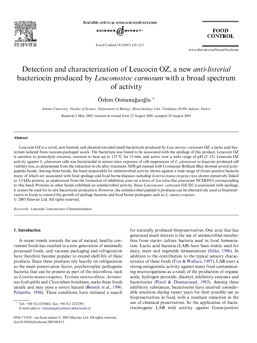 Detection and characterization of Leucocin OZ, a new anti-listerial bacteriocin produced by Leuconostoc carnosum with a broad spectrum of activity