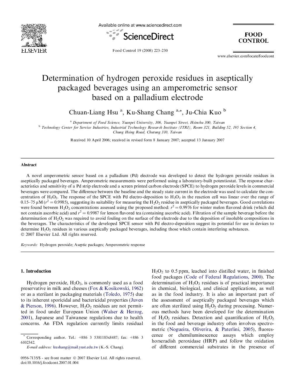 Determination of hydrogen peroxide residues in aseptically packaged beverages using an amperometric sensor based on a palladium electrode