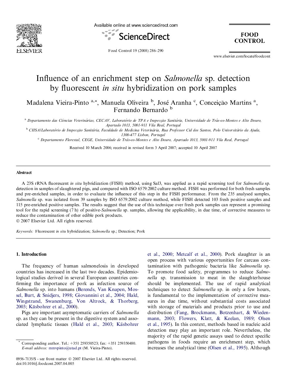 Influence of an enrichment step on Salmonella sp. detection by fluorescent in situ hybridization on pork samples