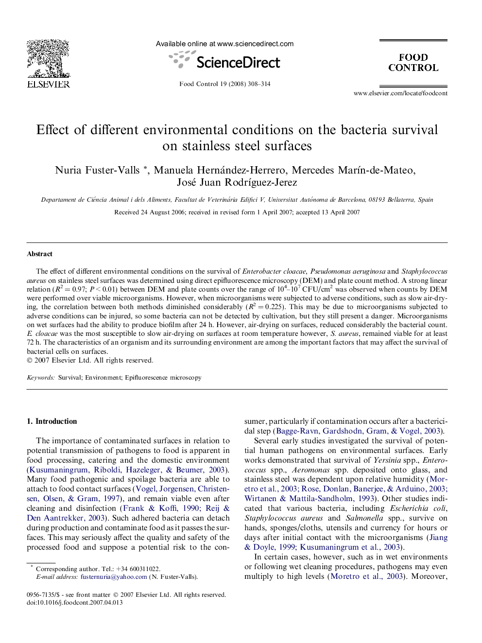 Effect of different environmental conditions on the bacteria survival on stainless steel surfaces