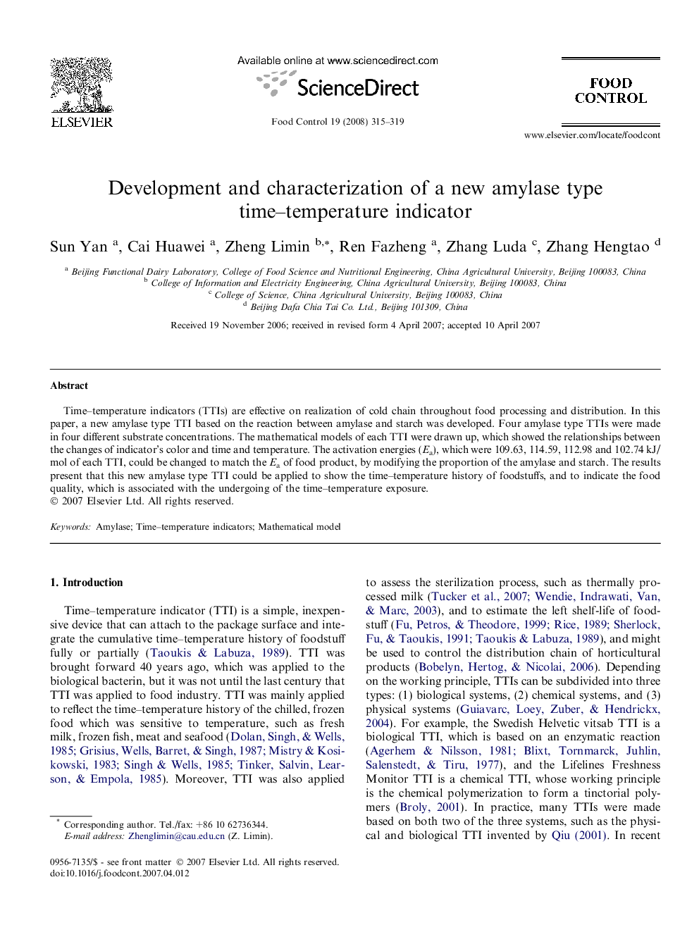 Development and characterization of a new amylase type time–temperature indicator